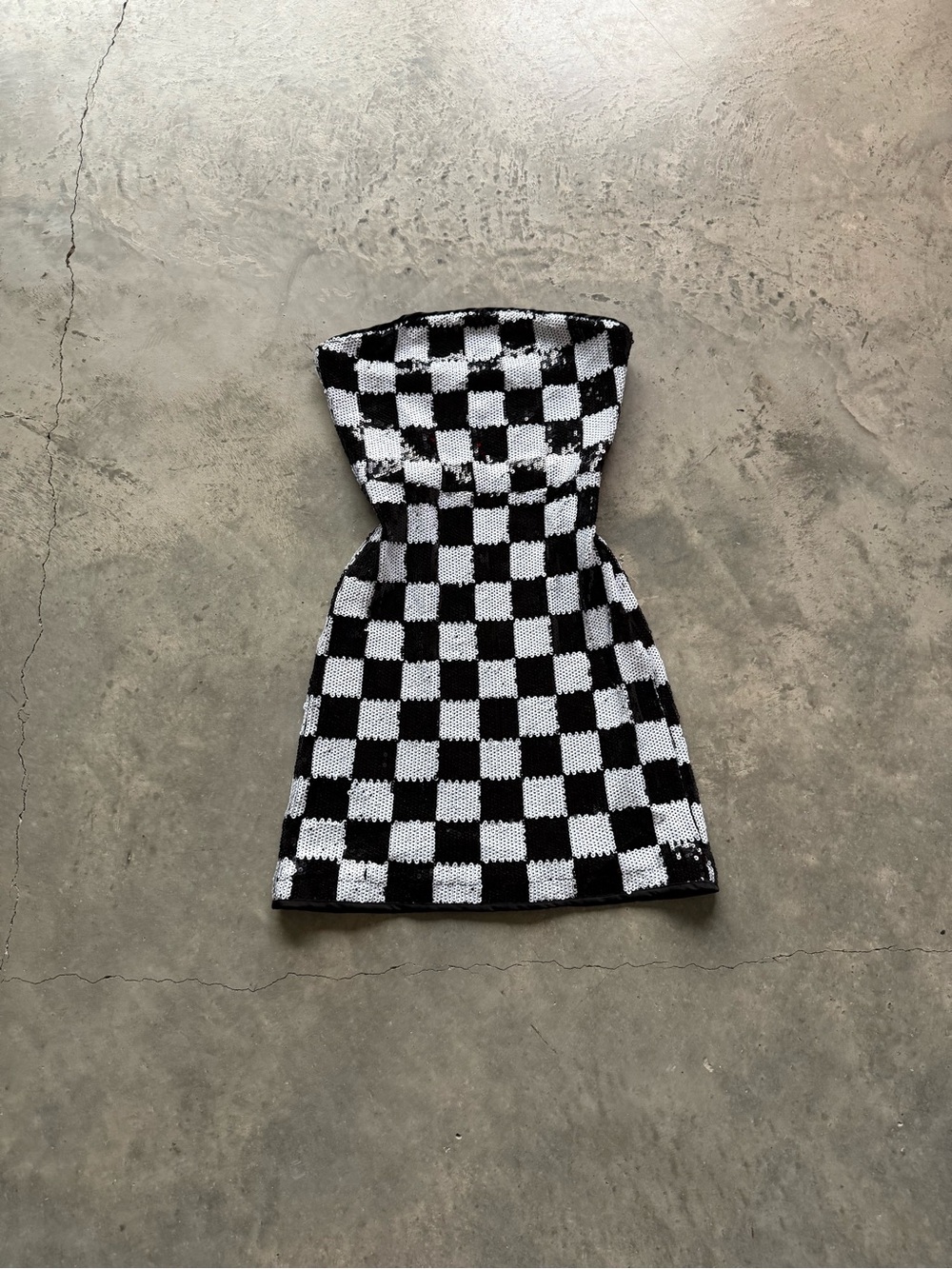 En Saison Black and White Checkered Strapless Mini Dress